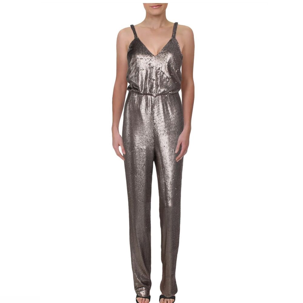 Dress The Population Womens M Bronze V Neck Sleeveless Sequin Jumpsuit NWT BG41